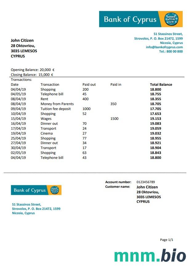 Cyprus Bank Of Cyprus wyciąg bankowy łatwy do wypełnienia szablonu .xls i .format pliku pdf